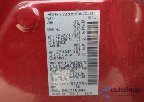 2015 Nissan Rogue Sv z USA, uszkodzony, nr VIN 5N1AT2MV7FC818759